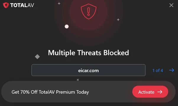 A screenshot showing TotalAV’s Real-Time Protection blocking multiple malware threats