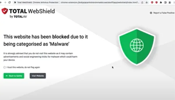 A snapshot showing TotalAV blocking access to sites with malware