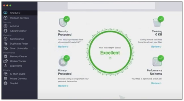 A screenshot showing MacKeeper’s dashboard showing excellent scan results