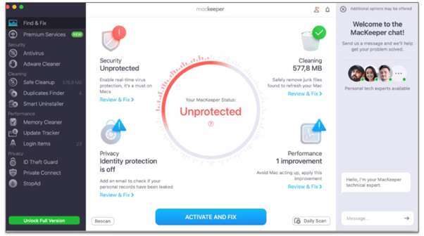 A screenshot showing MacKeeper app dashboard showing how to access chat support