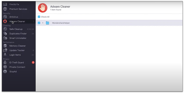 A screenshot showing MacKeeper’s Adware Cleaner showing one result after a scan