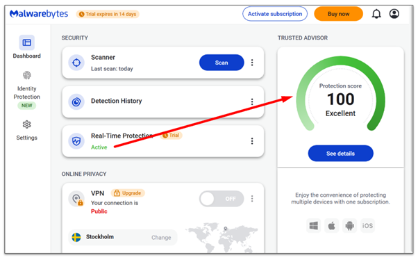 A screenshot of the Malwarebytes dashboard showing Real-Time Protection active