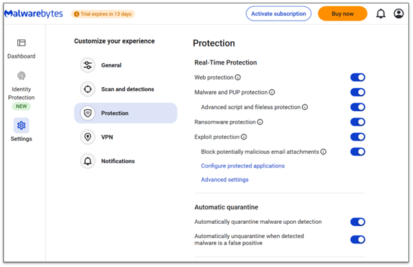 A screenshot showing how to toggle different protection layers on and off