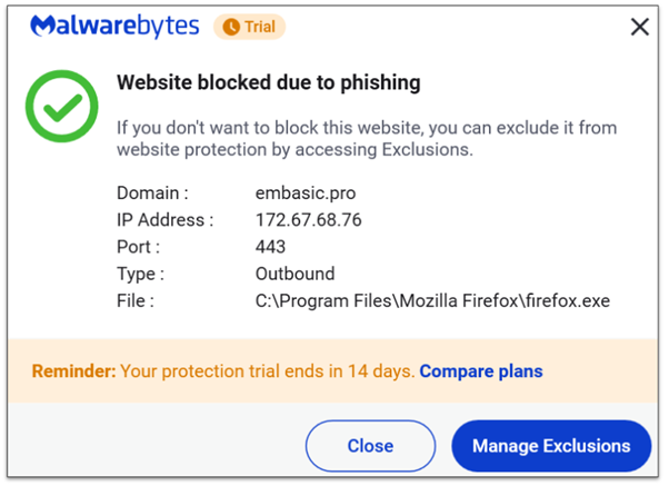 A snapshot showing Malwarebytes blocking access to a site known to contain malware
