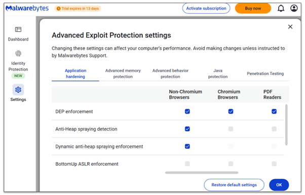 A snapshot showing Malwarebytes Advanced Exploit Protection settings
