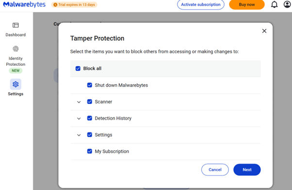 A snapshot showing Malwarebytes Tramper Protection settings