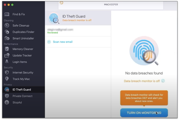 A snapshot showing the Identity Theft Guard showing a scan results
