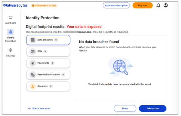 A screenshot showing Malwarebytes Identity Protection scan results