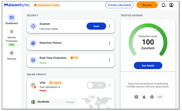 A screenshot showing Malwarebytes’s Windows dashboard after the initial scan