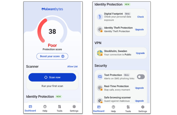A screenshot of Malwarebytes Android dashboard after installation