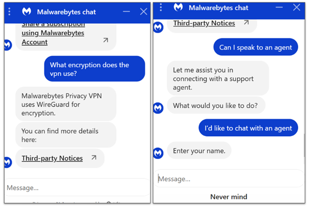 A snapshot showing a chat thread with Malwarebytes chat support