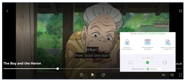 A screenshot showing Private Connect accessing geo-restricted streaming content on Max