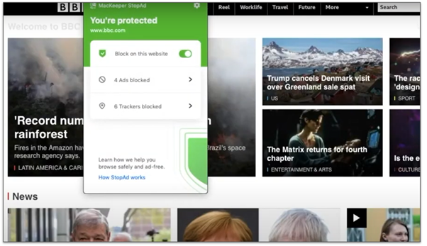 A snapshot showing StopAd blocking ads on the BBC website