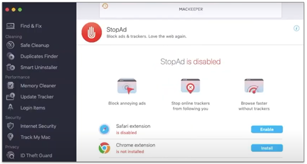 A snapshot of StopAd protection options — Safari and Chrome extensions